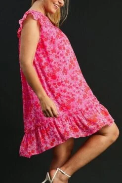 Umgee Full Size Smocked Detail Floral Metallic Ruffle Cap Sleeve Dress Plus Size -Sydney So Sweet 67f620bf 4f2c 48b9 948b 586aac45cb9e Min