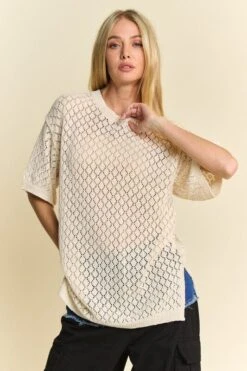 Davi & Dani Side Slit Openwork Round Neck Half Sleeve Knit Cover Up -Sydney So Sweet 68950d40 d8c3 4776 9134 1b8e9f5963c1 Max