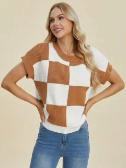 Double Take Full Size Checkered Round Neck Short Sleeve Sweater -Sydney So Sweet 6985d68c f5dd 4124 b751 f7f6f155f262 Max
