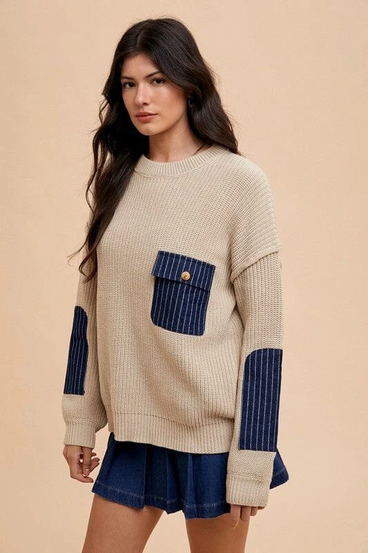 Annie Wear Contrast Round Neck Drop Shoulder Sweater With Patch Pocket 5 Annie Wear Contrast Round Neck Drop Shoulder Sweater With Patch Pocket - Image 3