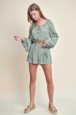 MABLE Gauze Long Sleeve Button Crop Top And Short Set