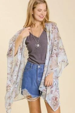 Umgee Full Size Sheer Mixed Print Kimono With Side Slit Plus Size