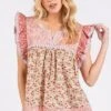 Mittoshop Floral Notched Ruffled Cap Sleeve Blouse