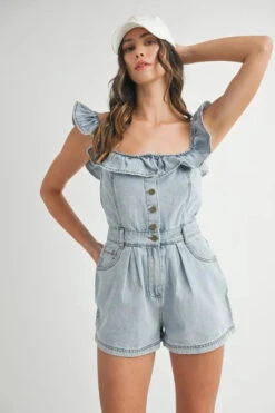 MABLE Off Shoulder Ruffle Detail Denim Romper 19 MABLE Off Shoulder Ruffle Detail Denim Romper -Sydney So Sweet 802eddafae30461ab6b12d04d9e5868f Max Origin