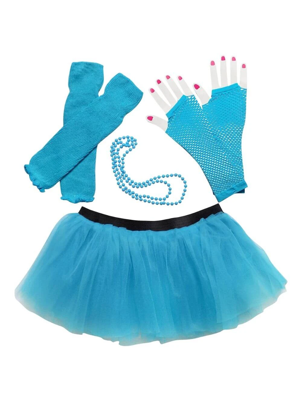 80s Costume For Teens Or Women In Neon Blue With Tutu & Accessories 3 80s Costume For Teens Or Women In Neon Blue With Tutu & Accessories