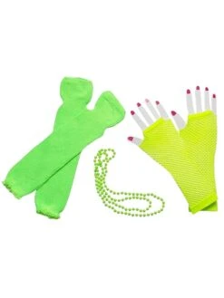 80s Costume Accessories Set In Neon Green - Leg Warmers, Fishnet Gloves, Beads