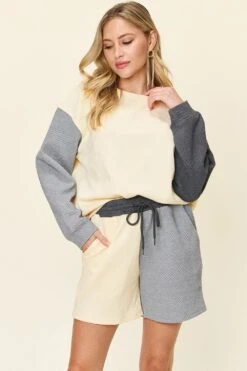 Double Take Full Size Contrast Drop Shoulder Top And Shorts Set