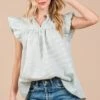 Ces Femme Plaid Notched Ruffled Cap Sleeve Blouse