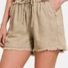 Zenana Washed Linen Frayed Hem Drawstring Shorts -Sydney So Sweet 871eba93 e528 427d a89a 68a353aaa561 Max