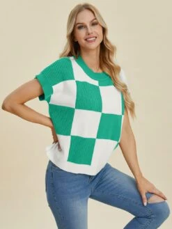 Double Take Full Size Checkered Round Neck Short Sleeve Sweater -Sydney So Sweet 89f0d767 5597 49c8 b668 f35f5d540651 Max