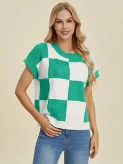 Double Take Full Size Checkered Round Neck Short Sleeve Sweater -Sydney So Sweet 8ccf2bc8 82b2 4842 a238 ac1619467123 Max