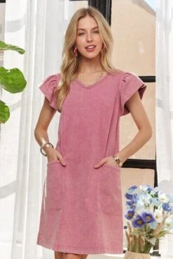 ADORA Mineral Washed V-Neck Ruffled Cap Sleeve Dress -Sydney So Sweet 8e790815 cd90 4504 9566 ffad638f119a Min