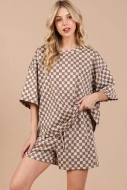 Ces Femme Checkered Round Neck Top And Shorts Set