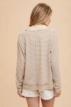 Annie Wear Striped Button Detail Long Sleeve Polo Top -Sydney So Sweet 96694049 fda1 4f4a 9055 e53516b9728b Min