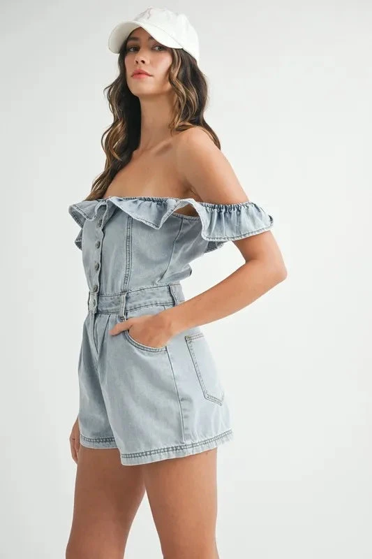 MABLE Off Shoulder Ruffle Detail Denim Romper 7 MABLE Off Shoulder Ruffle Detail Denim Romper - Image 5