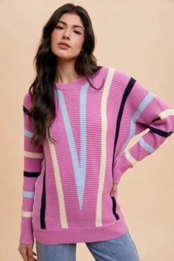 Annie Wear Chevron Stripe Round Neck Ribbed Sweater -Sydney So Sweet 97c85fc7 8cfd 43a4 903d bc464b639611 Max