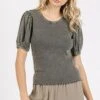 Mittoshop Mineral Wash Puff Sleeve Rib Knit Top