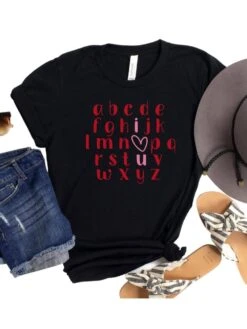 Alphabet ABC I Love You Valentine's Day Women's Jersey Short Sleeve Graphic Tee - 8 Colors -Sydney So Sweet ABCILoveYouBlack