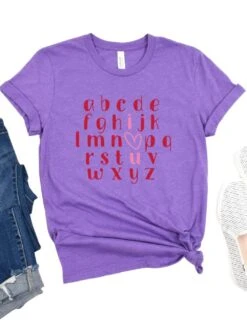 Alphabet ABC I Love You Valentine's Day Women's Jersey Short Sleeve Graphic Tee - 8 Colors -Sydney So Sweet ABCILoveYouHeatherPurple