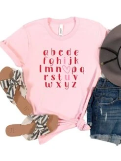 Alphabet ABC I Love You Valentine's Day Women's Jersey Short Sleeve Graphic Tee - 8 Colors -Sydney So Sweet ABCILoveYouPink