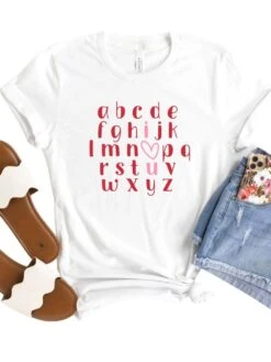 Alphabet ABC I Love You Valentine's Day Women's Jersey Short Sleeve Graphic Tee - 8 Colors -Sydney So Sweet ABCILoveYouWhite2