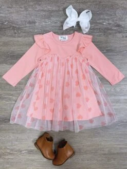 Baby Pink Hearts Tulle Chiffon Ruffle Girls Dress