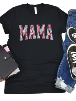 Baseball Mama Stitch Design Mom Graphic T-Shirt -Sydney So Sweet BaseballMamaBlack