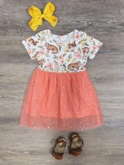 Bunny Garden Peach Girls Short Sleeve Spring Tutu Dress