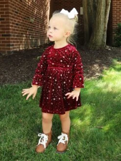 Burgundy Starry Night Velvet Flare Girls Dress -Sydney So Sweet BurgundyStarVelvetDress