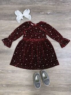 Burgundy Starry Night Velvet Flare Girls Dress