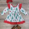Christmas Dreams Reindeer & Snowman Ruffle Trim Girls Dress