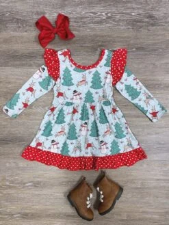 Christmas Dreams Reindeer & Snowman Ruffle Trim Girls Dress