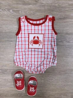 Coastal Crab Baby Boys Red & Blue Plaid Romper