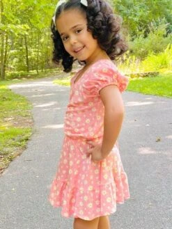 Coral Floral Puff Sleeve Girls Skirt Set