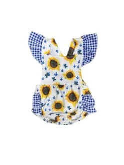 Country Sunflower Girls Blue Gingham Plaid Ruffle Baby Romper -Sydney So Sweet CountrySunflowerGirlsBlueGinghamPlaidRuffleBabyRomperWhite