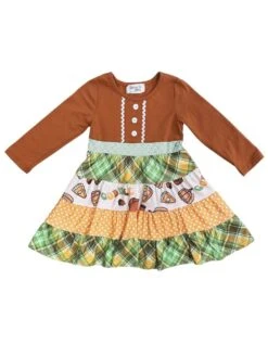 Fall Day Girls Plaid Trim Long Sleeve Dress -Sydney So Sweet Fall Day Girls Plaid Trim Long Sleeve Dress White
