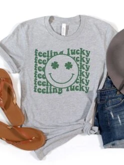 Feeling Lucky St. Patrick's Day Shamrock Smile Face T-Shirt Bella + Canvas Unisex Jersey Short Sleeve Tee -Sydney So Sweet FeelingLuckyAthleticHeather