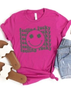 Feeling Lucky St. Patrick's Day Shamrock Smile Face T-Shirt Bella + Canvas Unisex Jersey Short Sleeve Tee -Sydney So Sweet FeelingLuckyBerry