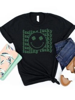 Feeling Lucky St. Patrick's Day Shamrock Smile Face T-Shirt Bella + Canvas Unisex Jersey Short Sleeve Tee -Sydney So Sweet FeelingLuckyBlackHeather