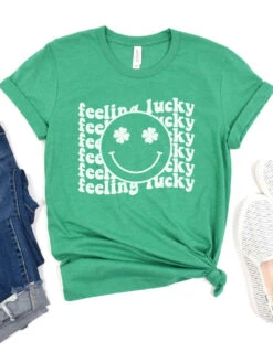 Feeling Lucky St. Patrick's Day Shamrock Smile Face T-Shirt Bella + Canvas Unisex Jersey Short Sleeve Tee -Sydney So Sweet FeelingLuckyHeatherKelly