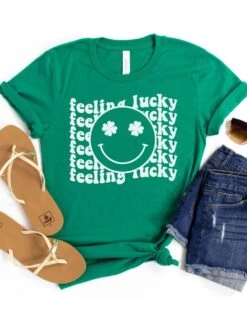 Feeling Lucky St. Patrick's Day Shamrock Smile Face T-Shirt Bella + Canvas Unisex Jersey Short Sleeve Tee -Sydney So Sweet FeelingLuckyKelly
