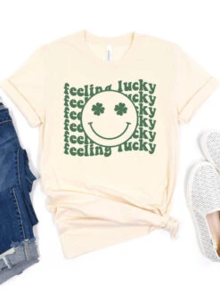 Feeling Lucky St. Patrick's Day Shamrock Smile Face T-Shirt Bella + Canvas Unisex Jersey Short Sleeve Tee -Sydney So Sweet FeelingLuckyNatural