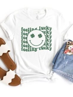 Feeling Lucky St. Patrick's Day Shamrock Smile Face T-Shirt Bella + Canvas Unisex Jersey Short Sleeve Tee -Sydney So Sweet FeelingLuckyWhite b9958bdb 9337 48ac b4fa 98e8f5a7fb45