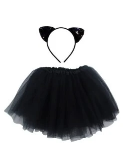 Girls Black Cat Costume - Complete Kids Costume Set With Tutu & Flip Sequin Cat Ears Headband