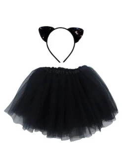 Adult Black Cat Costume - Tutu Skirt & Flip Sequin Headband Set For Adult Or Plus Size