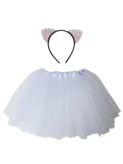 Adult White Cat Costume - Tutu Skirt & Flip Sequin Headband Set For Adult Or Plus Size