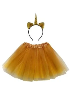 Adult Gold Unicorn Costume - Tutu Skirt & Flip Sequin Headband Horn Set For Adult Or Plus Size