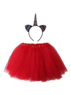 Adult Rainbow Red Unicorn Costume - Tutu Skirt & Flip Sequin Headband Horn Set For Adult Or Plus Size