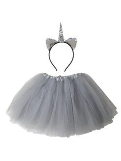 Adult Silver Unicorn Costume - Tutu Skirt & Flip Sequin Headband Horn Set For Adult Or Plus Size