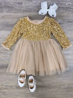Gold Sequin Velvet & Chiffon Girls Special Occasion Tutu Dress